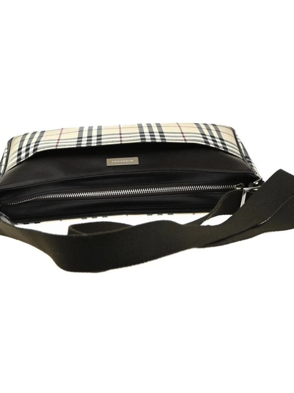 BURBERRY logo Plaid print check Shoulder Bag Canvas Leather Brown - Picture 5 of 12